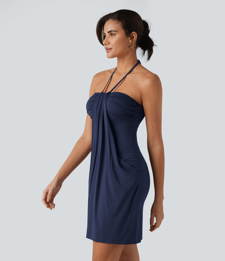 Halter Tie Back Mini Resort Dress with Pockets - Naval Academy