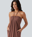 Halter Tie Back Maxi Dress with Pockets - Brick Dust