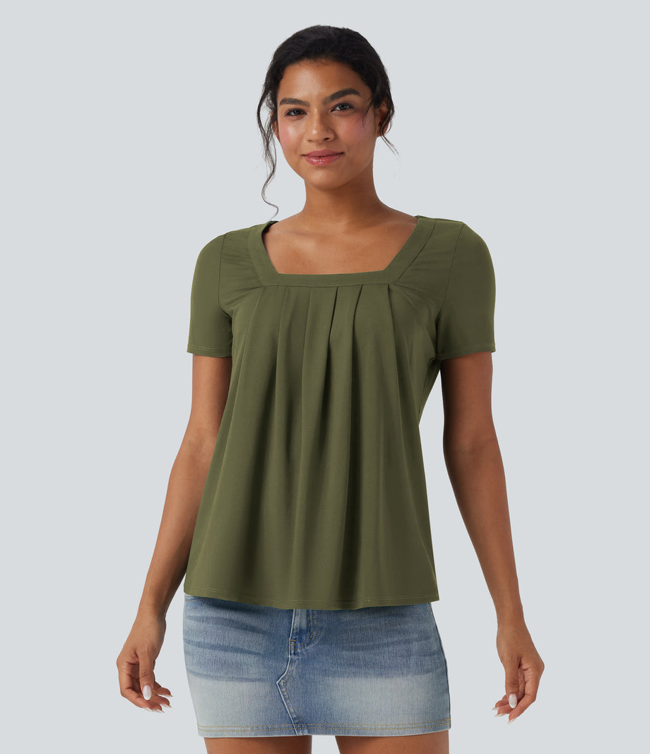 Square Neck Short Sleeve Casual Top - Capulet Olive