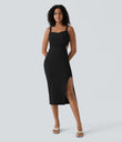 Ruched Lace Up Bodycon Midi Casual Dress - Black