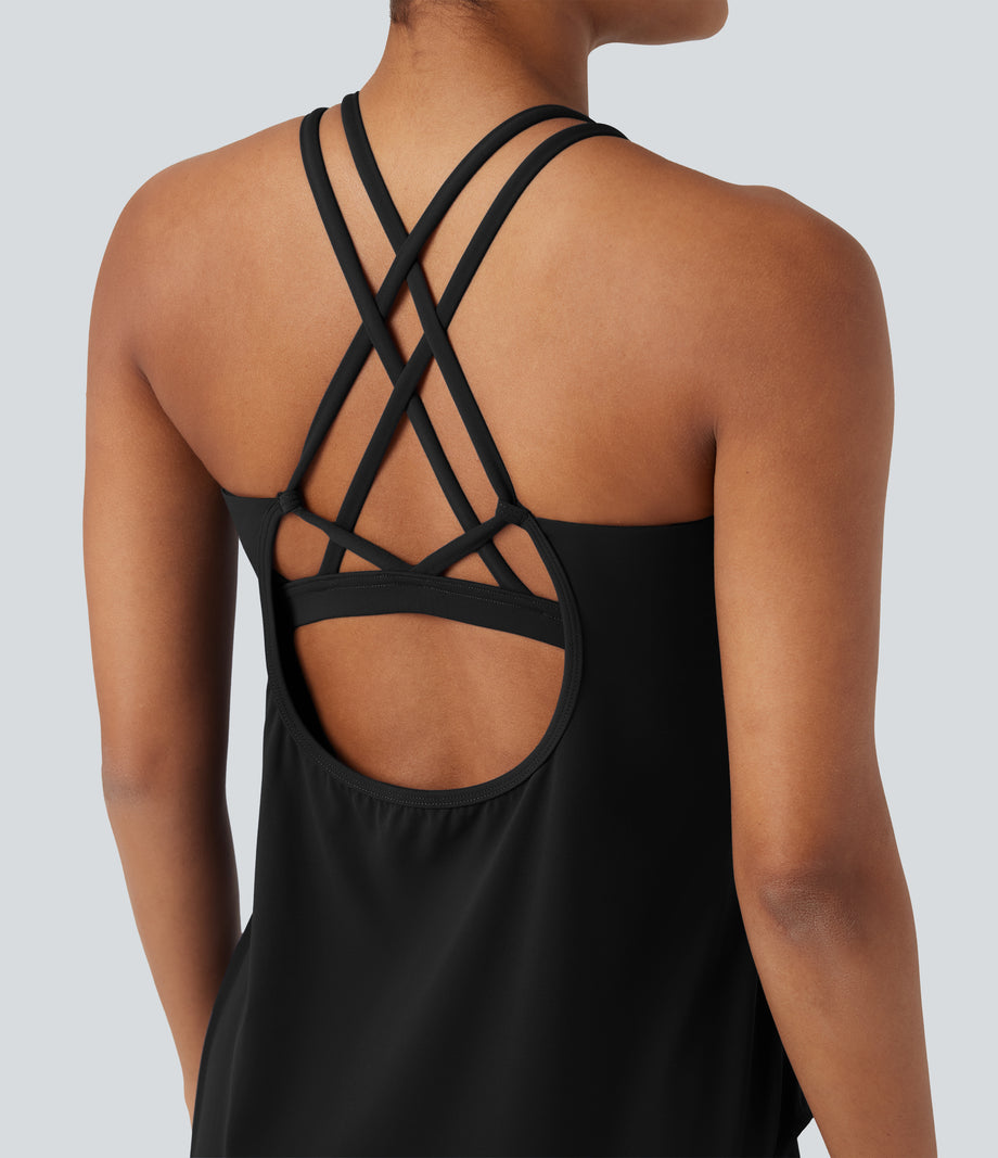 Halara UltraSculpt™ Round Neck Crisscross Back Running Tank Tops DD-F Cups - Black