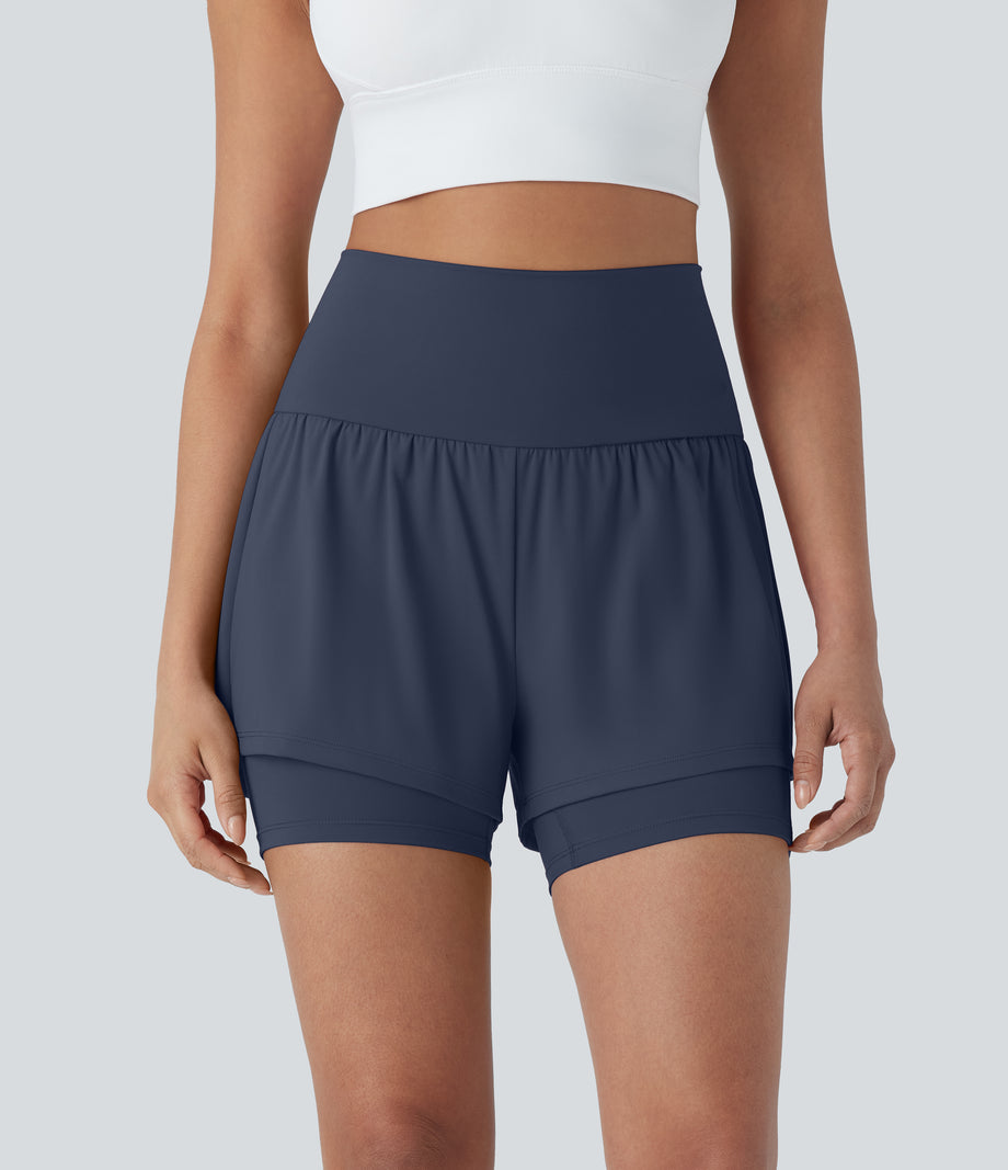 SoftlyZero™ Airy Super High Waisted 2-in-1 Cool Touch Yoga Shorts 5'' with Pockets - Mood Indigo