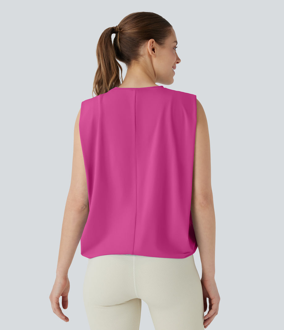 Round Neck Ruched Cool Touch Yoga Tank Top-UPF50+ - Fuchsia Fedora