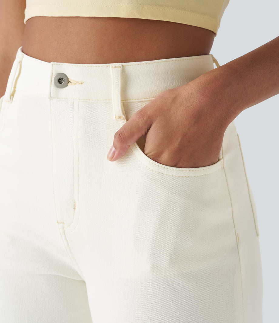 Halara Flex™ High Waisted Pockets Rolled Hem Wide Leg Washed Casual Jeans - Beige Denim