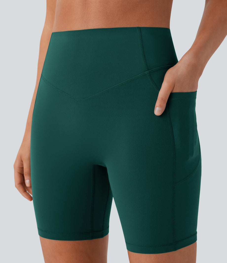 Halara UltraSculpt™ High Waisted Scrunch Butt Lifting Tummy Control Side Pocket Shaping Workout Biker Shorts 7'' - Forest Biome