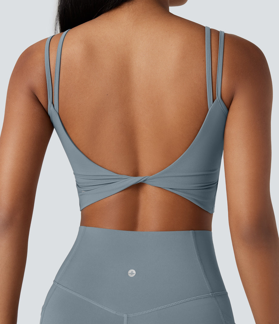 Halara UltraSculpt™ Double Straps Twisted Backless Cropped Yoga Tank Top - Blue Flower Gray