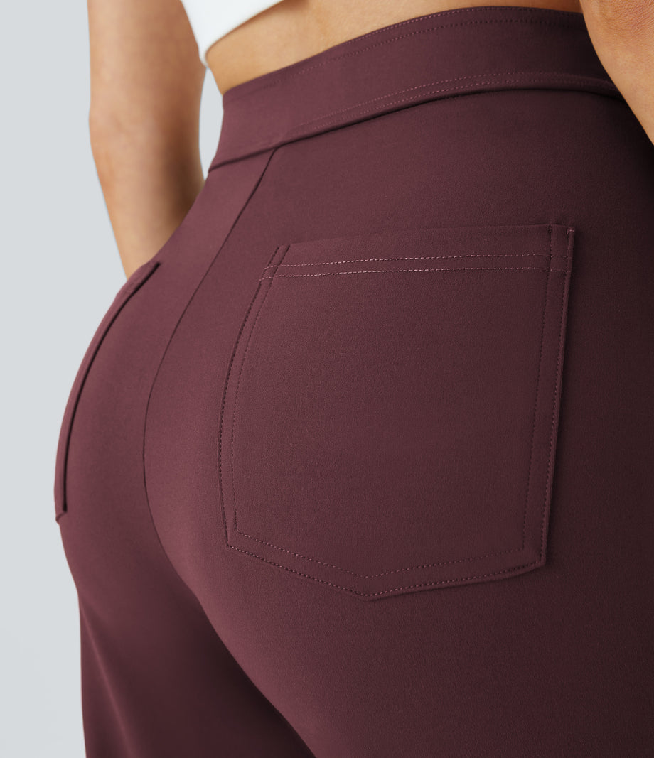 DayStretch High Waisted Pockets Straight Leg Casual Pants - Red Mahogany