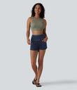 Halara Flex™ High Waisted Tummy Control Curved Hem Skinny Denim Casual Shorts with Pockets - Estate Blue Denim