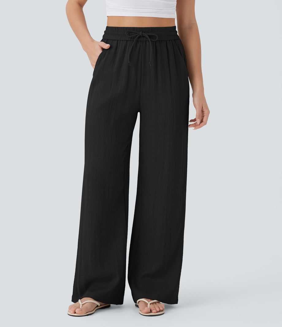 High Waisted Drawstring Pocket Wide Leg Baggy Casual Linen-Feel Pants - Black