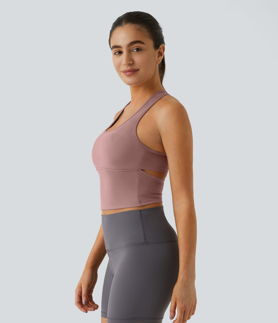 SoftlyZero™ Plush U Neck Racerback Cut Out Cropped Yoga Tank Top - Ash Rose