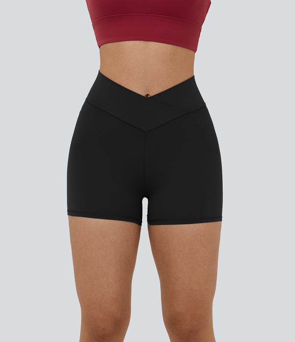 SoftlyZero™ High Waisted Crossover Plain Yoga Biker Shorts 3''-UPF50+ - Black