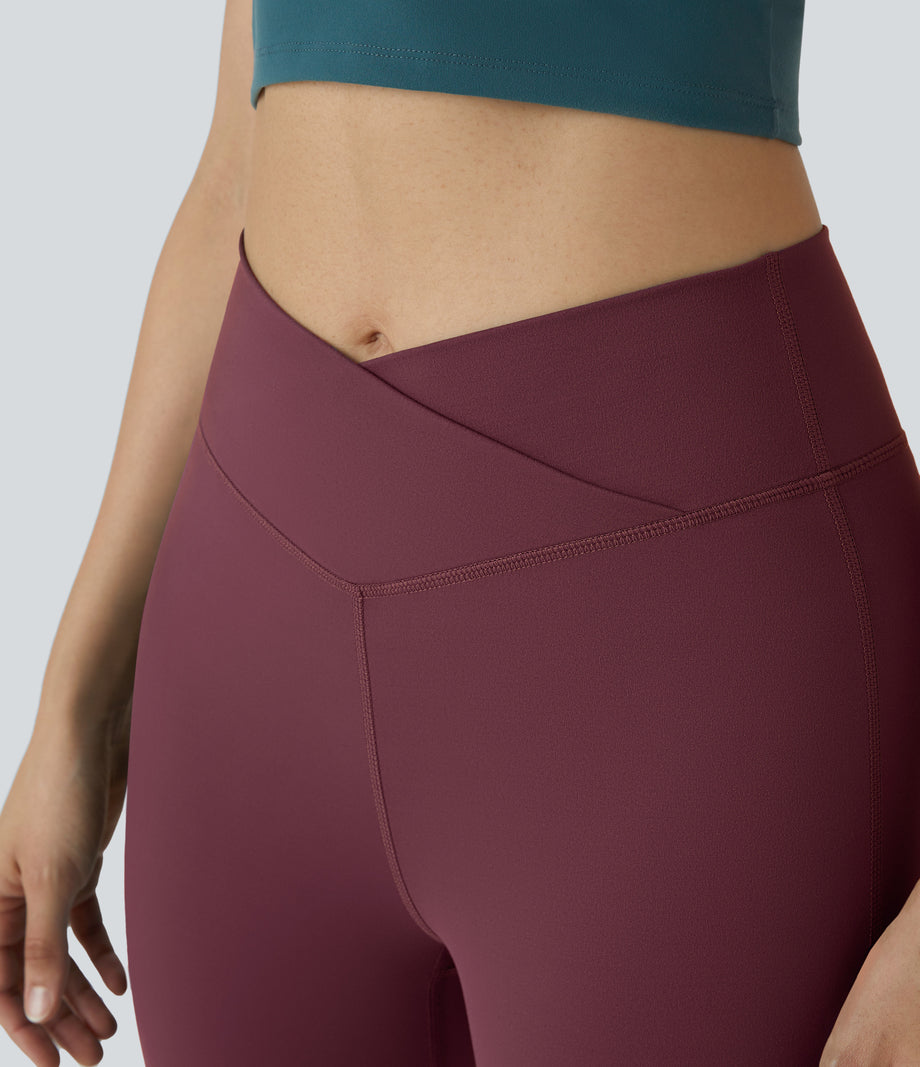 DayStretch High Waisted Crossover Flare Yoga Leggings - Red Mahogany