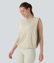 Round Neck Ruched Cool Touch Yoga Tank Top-UPF50+ - Almond Milk