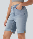 Halara Flex™ High Waisted Pockets Rolled Hem Washed Denim Casual Bermuda Shorts - Malibu Blue Denim