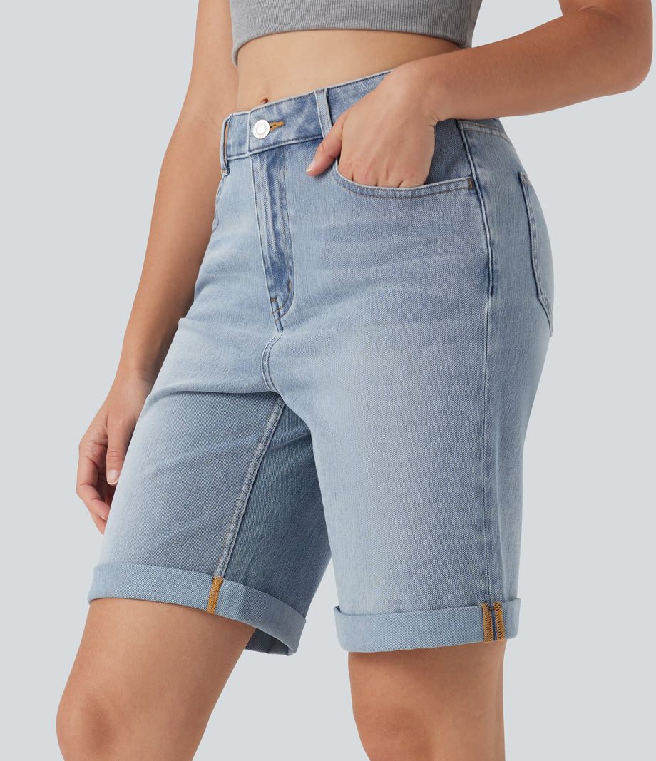 Halara Flex™ High Waisted Pockets Rolled Hem Washed Denim Casual Bermuda Shorts - Malibu Blue Denim