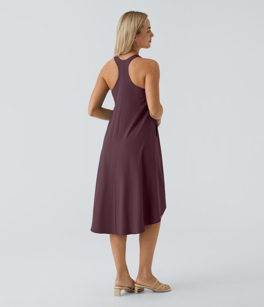 Breezeful™ Backless Racerback Side Pocket High Low Flowy Midi Quick Dry Casual Dress - Amaranth