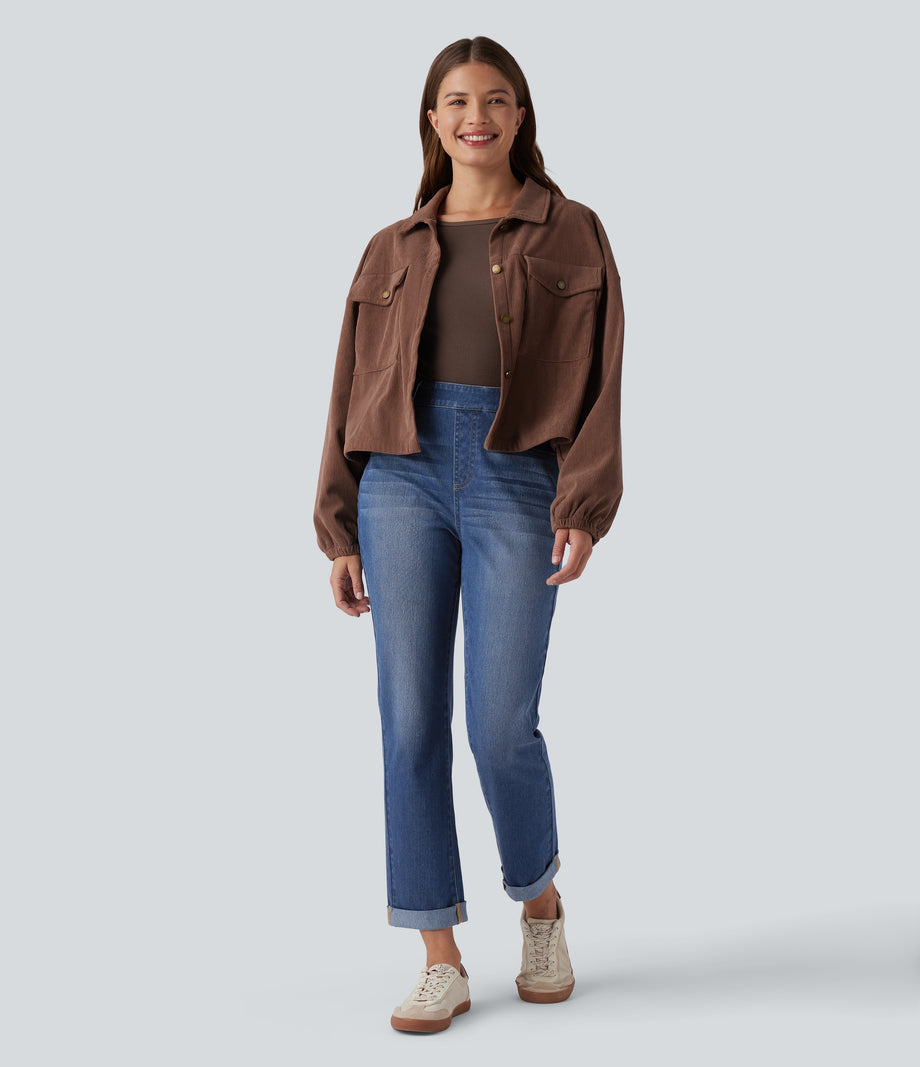Halara Flex™ High Waisted Rolled Hem Casual Slim Jeans with Pockets - Tide Blue Denim