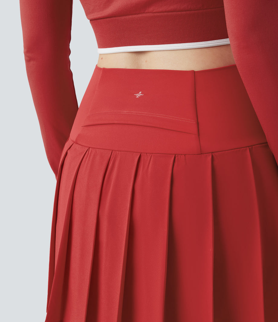 Breezeful™ High Waisted Pleated 2-in-1 Contrast Mesh Quick Dry Dance Stirrup Skirted Leggings with Pockets - Pompeian Red