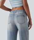 Mid Rise Denim Print French Terry Casual Sweatpants Jeans with Pockets - Soft Breeze Blue