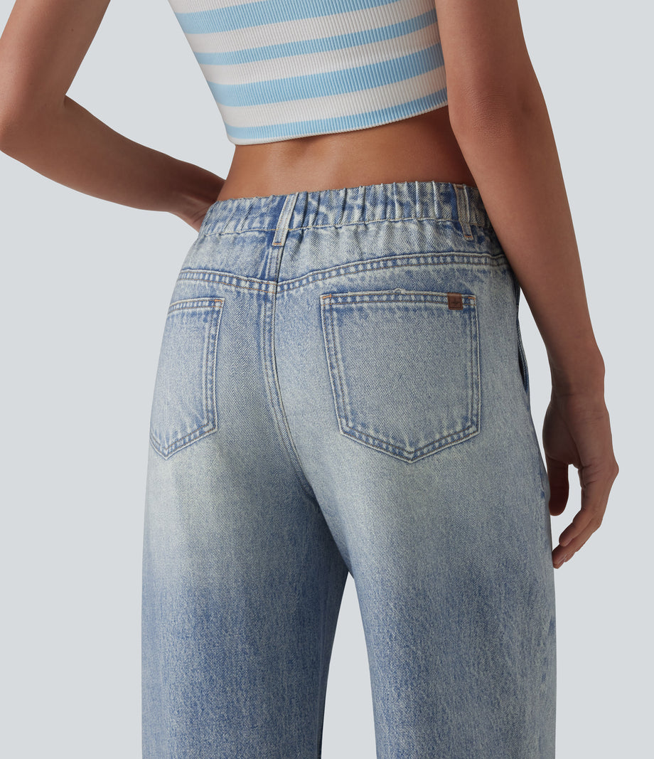 Mid Rise Denim Print French Terry Casual Sweatpants Jeans with Pockets - Soft Breeze Blue