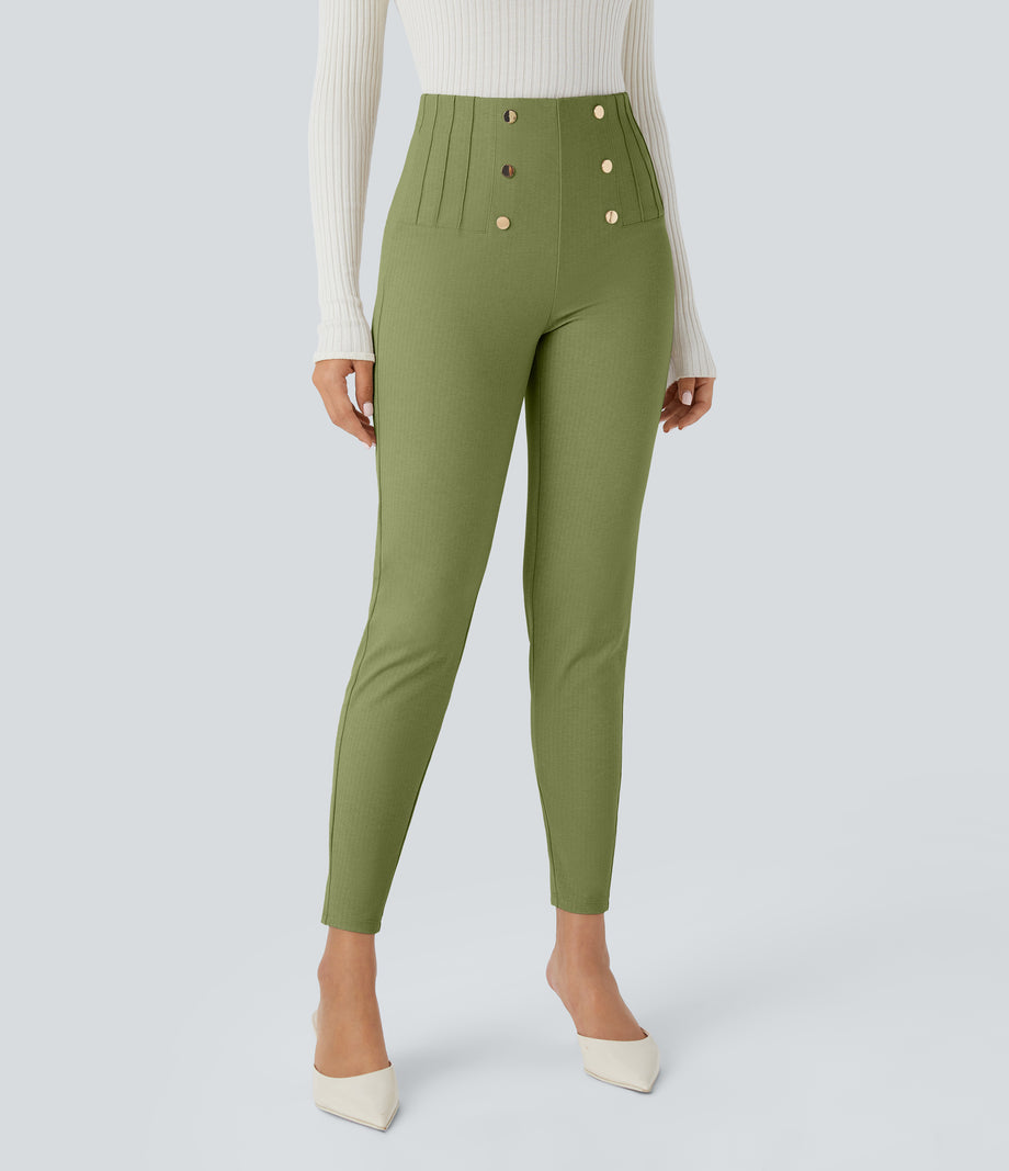 High Waisted Tummy Control Decorative Back Zipper Pockets Herringbone Work Leggings - Iguana