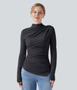 Mock-neck Long Sleeve Ruched Asymmetric Hem Thermal Casual Top - Charcoal Art