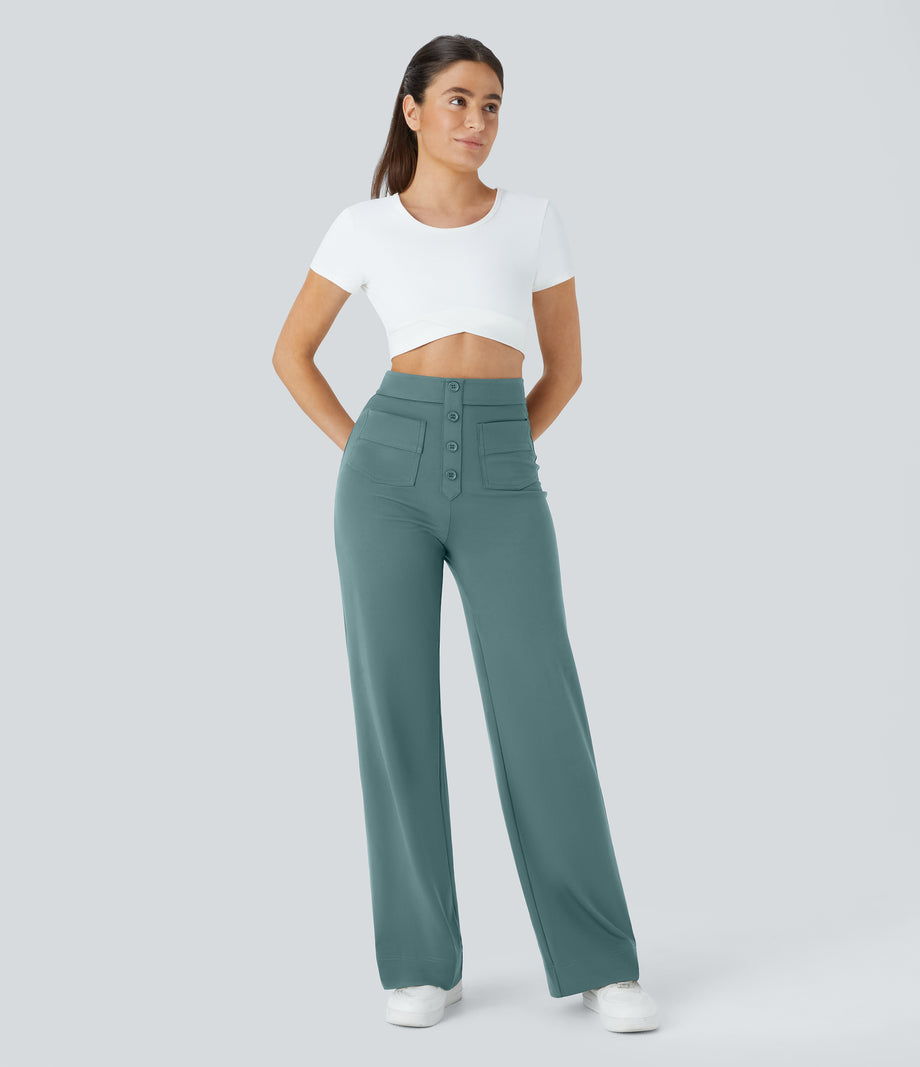 DayStretch High Waisted Pockets Straight Leg Casual Pants - Arctic