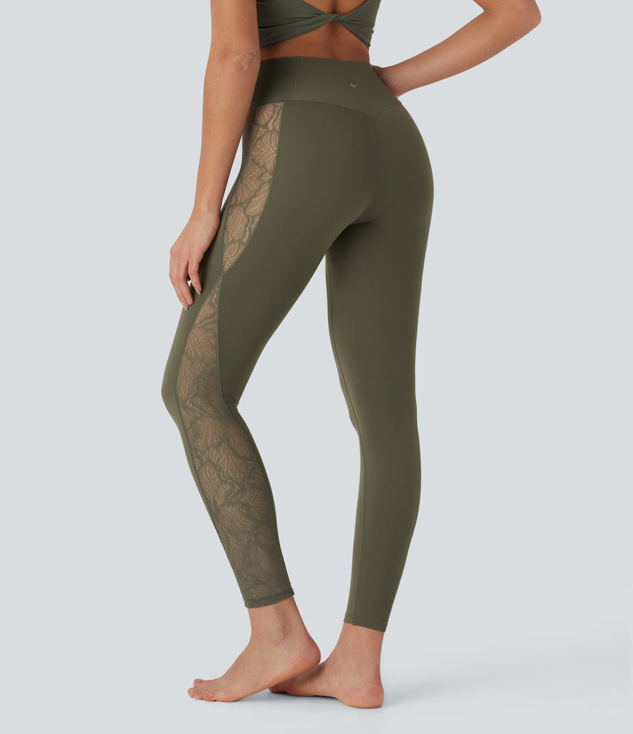 SoftlyZero™ High Waisted Crossover Contrast Lace Pocket Yoga Leggings-UPF50+ - Grass Grey Green
