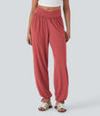 Crossover High Waisted Pocket Drawstring Casual Joggers - Poinsettia Floral Yarn