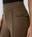 High Waisted Side Flap Pocket Flare Casual Cargo Pants - Sepia