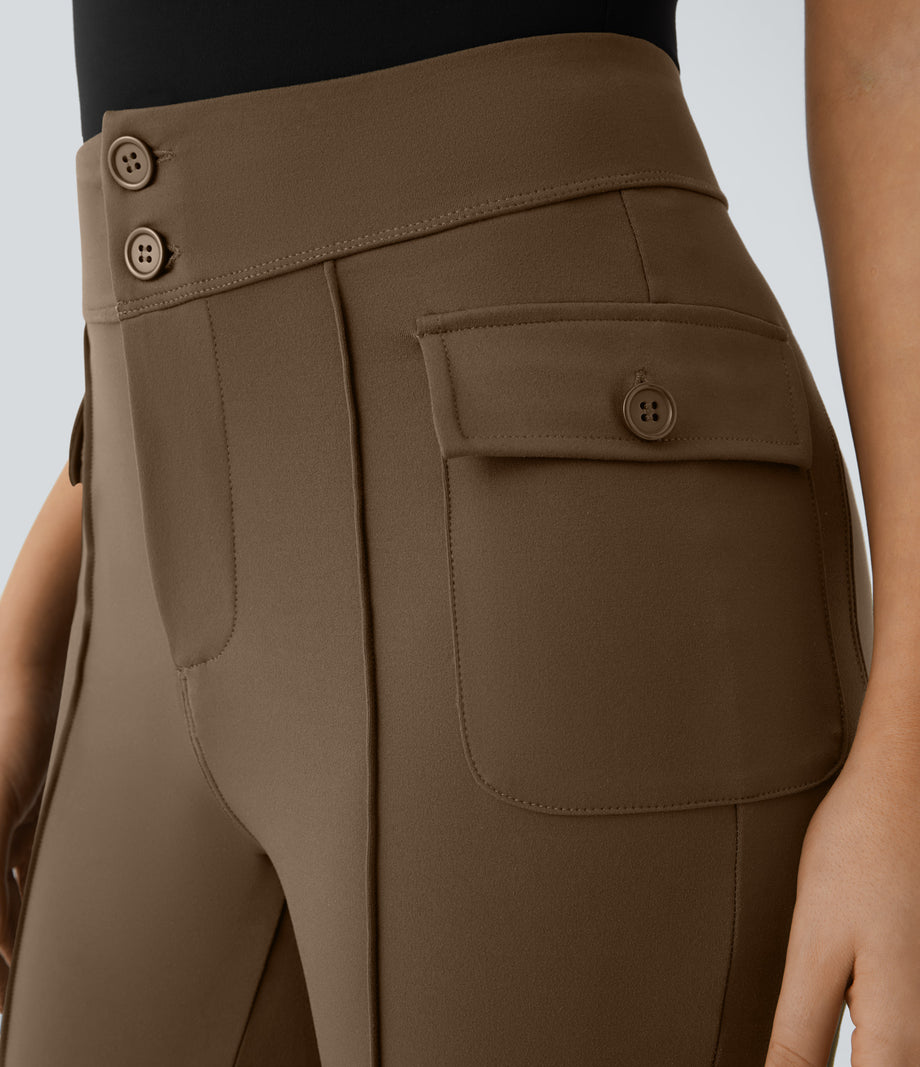 High Waisted Side Flap Pocket Flare Casual Cargo Pants - Sepia