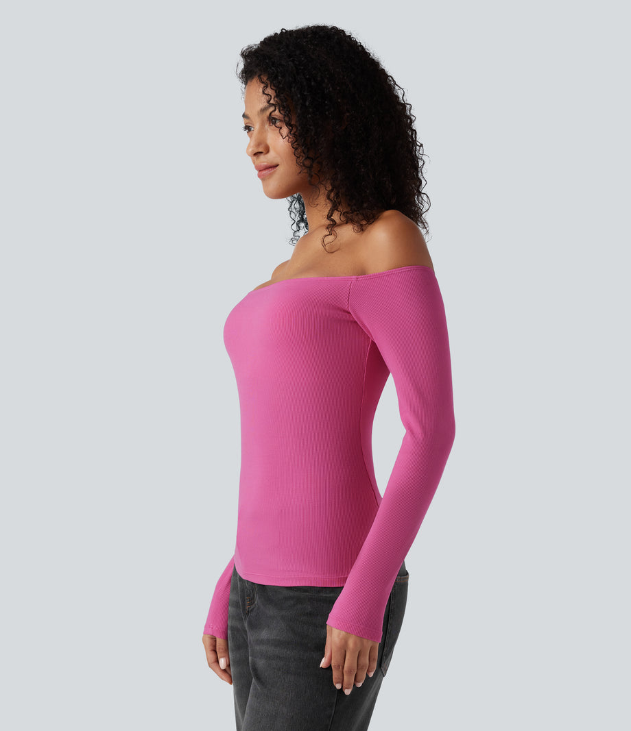 Ribbed Knit Off Shoulder Long Sleeve 2-in-1 Casual Top - Lilac Rose