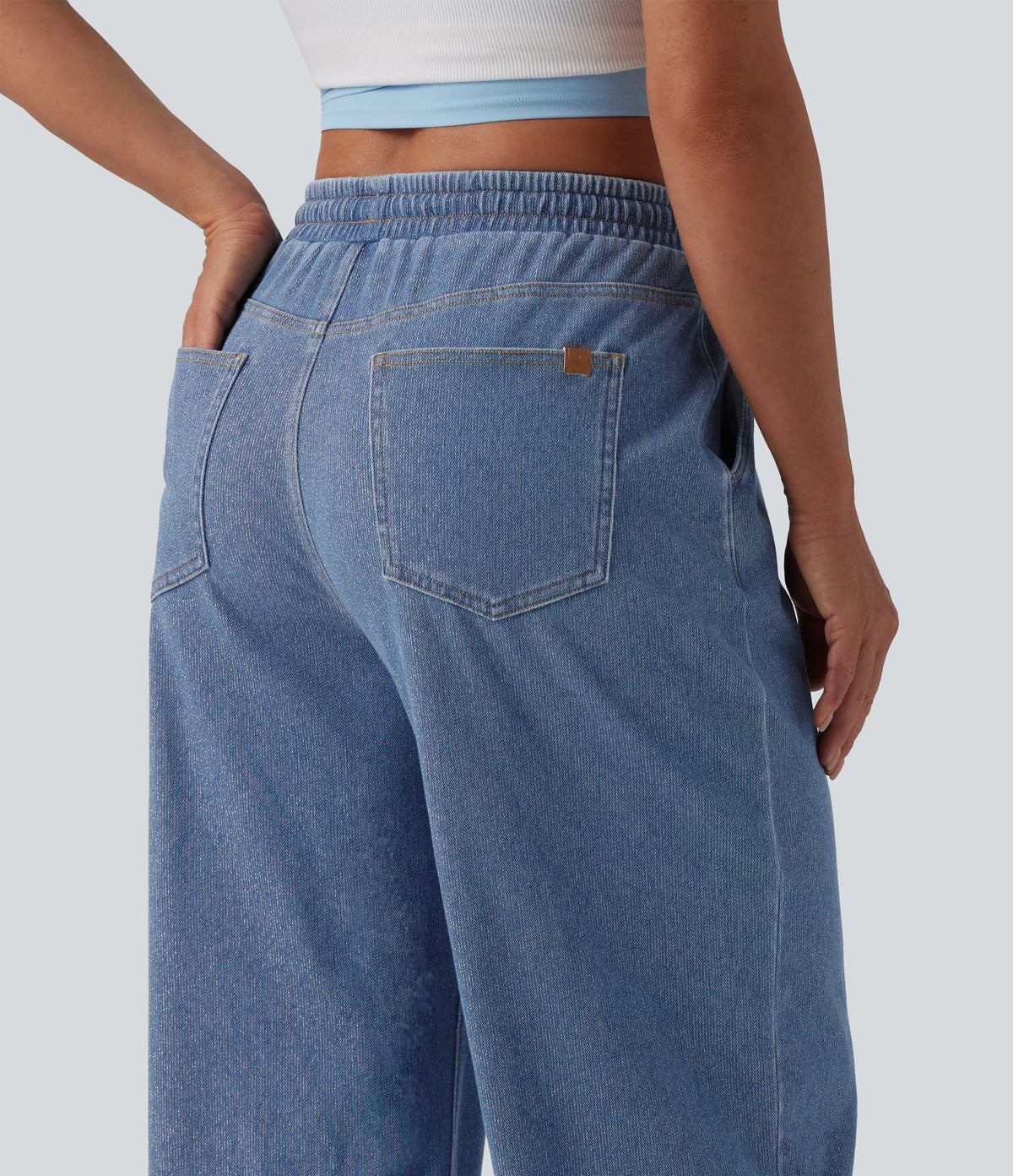 Halara Flex™ Low Rise Drawstring Wide Leg Sparkle Casual Sweatpants Jeans with Pockets - Malibu Blue Denim
