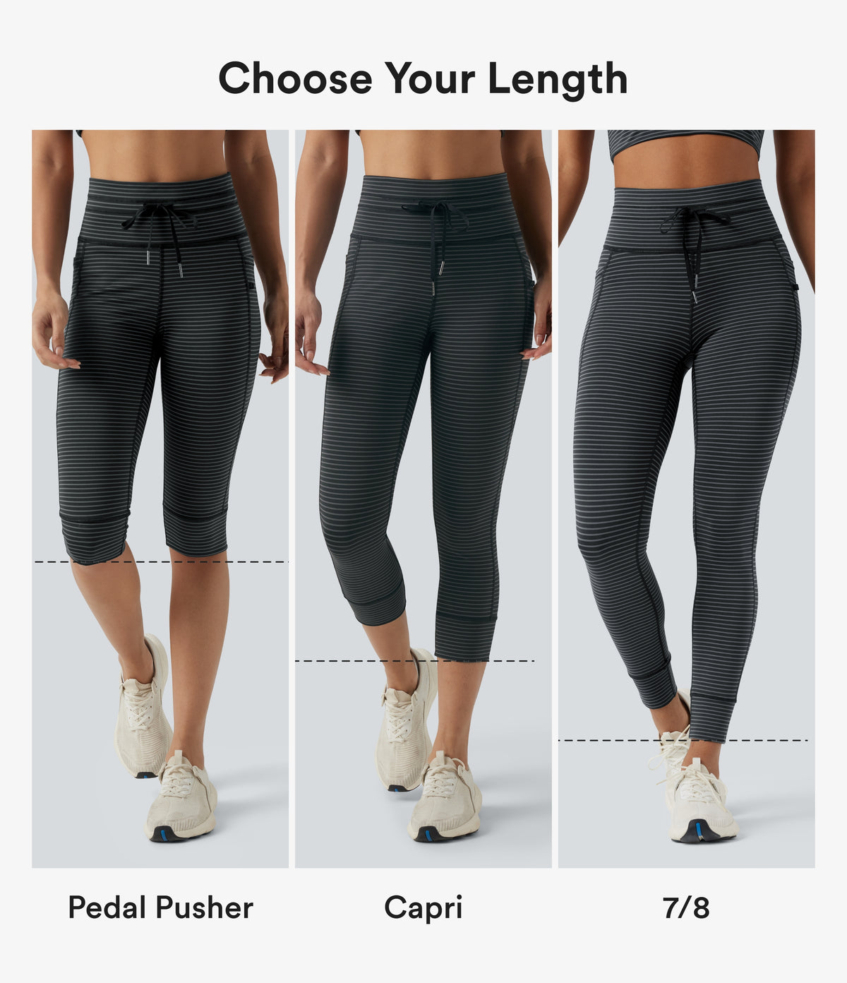 High Waisted Drawstring Striped Yoga Leggings with Pockets - Steel Stripe