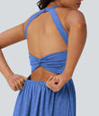 Twisted Backless Split Flowy Maxi Resort Dress with Pockets - Sky Blue Floral Yarn