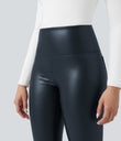 High Waisted Tummy Control Stretchy PU Fleece 7/8 Skinny Casual Leggings with Pockets - Stratified Sea