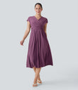 Breezeful™ V Neck Short Sleeve Pocket Tie Back Quick Dry Midi Casual Dress - Amaranth
