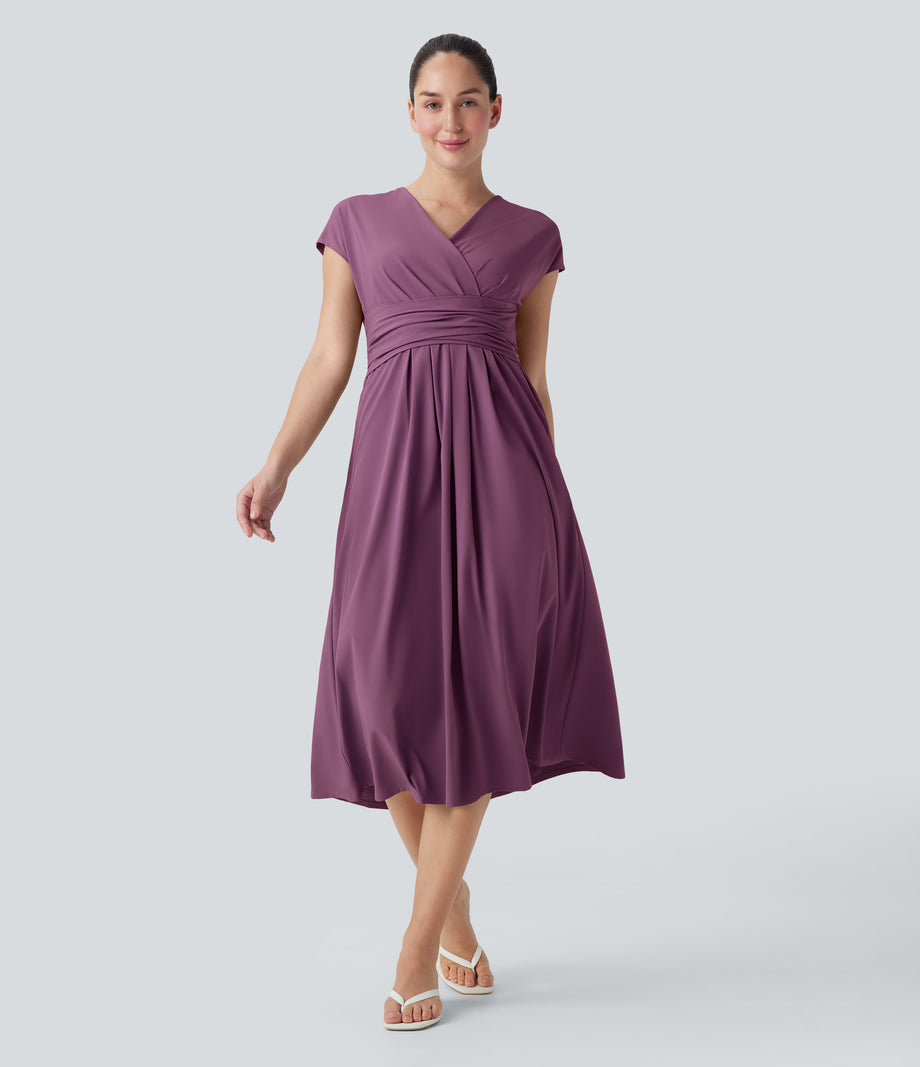 Breezeful™ V Neck Short Sleeve Pocket Tie Back Quick Dry Midi Casual Dress - Amaranth