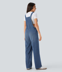 Halara Flex™ V Neck Pocket Washed Denim Casual Overalls - Light Floral Blue Denim