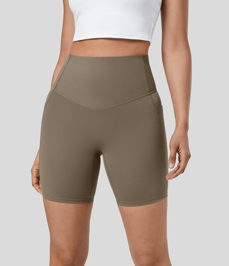Halara UltraSculpt™ High Waisted Tummy Control Pocket Shaping Training Biker Shorts 7'' - Dawn Brown