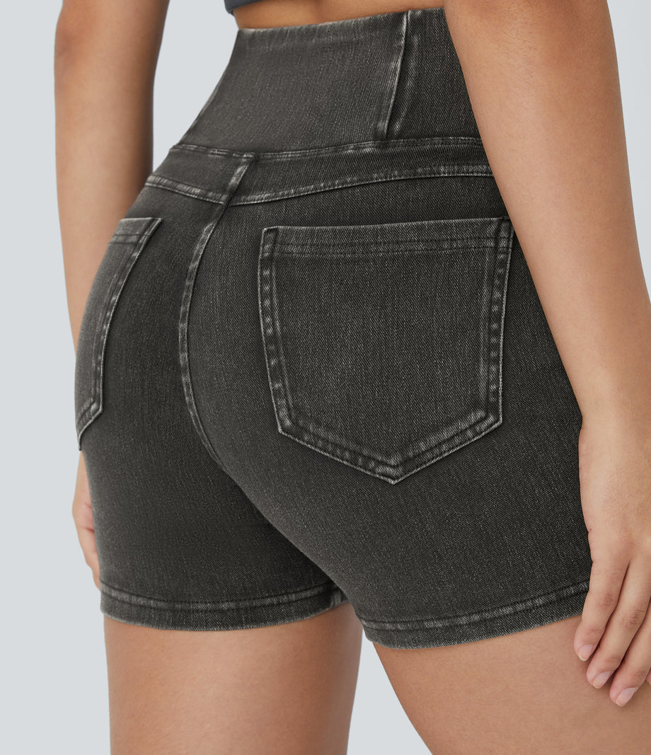 Halara Flex™ High Waisted Crossover Pocket Denim Casual Shorts 3" - Hemp Rope Black Denim
