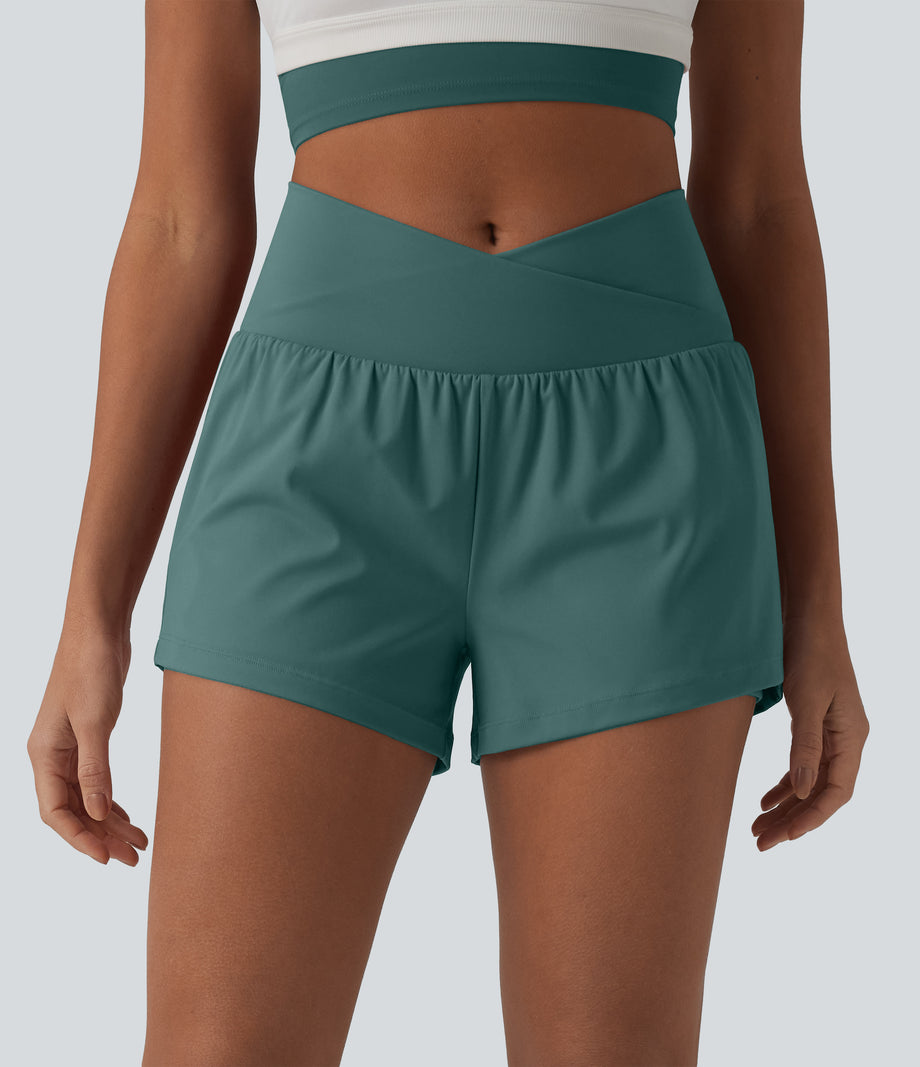 SoftlyZero™ Airy Crossover High Waisted 2-in-1 Cool Touch Yoga Shorts 3'' with Pockets - Blue Spruce