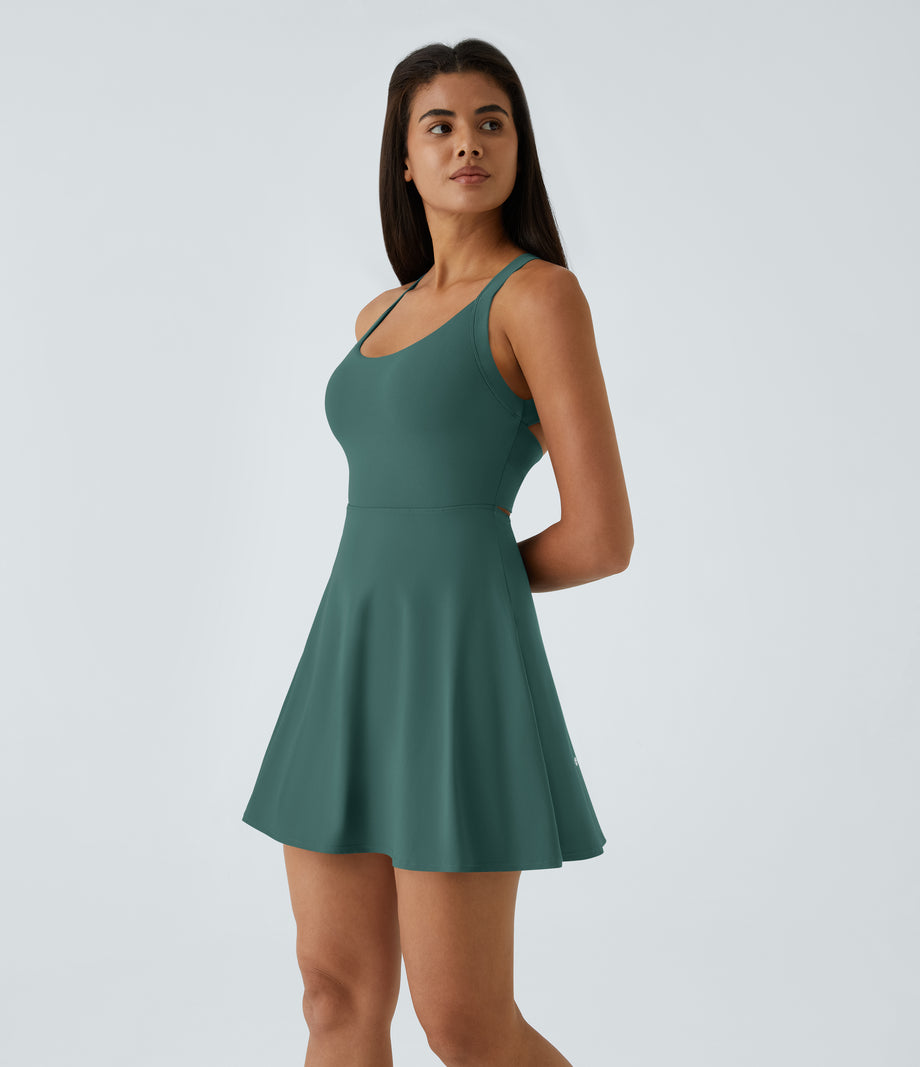 SoftlyZero™ Airy Backless Twisted Flare Low Support Dance Active Dress-Longer Length-Easy Peezy Edition A-D Cups - Blue Spruce