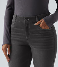 Halara Flex™ Low Rise Zipper Pockets Washed Casual Bootcut Jeans - Deep Ink Black Denim