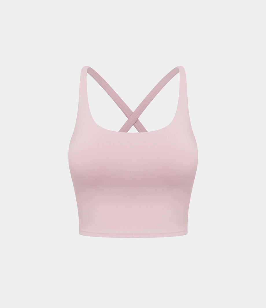 Crisscross Backless Built-in Bra Cropped Running Tank Top A-D Cups - Peachskin