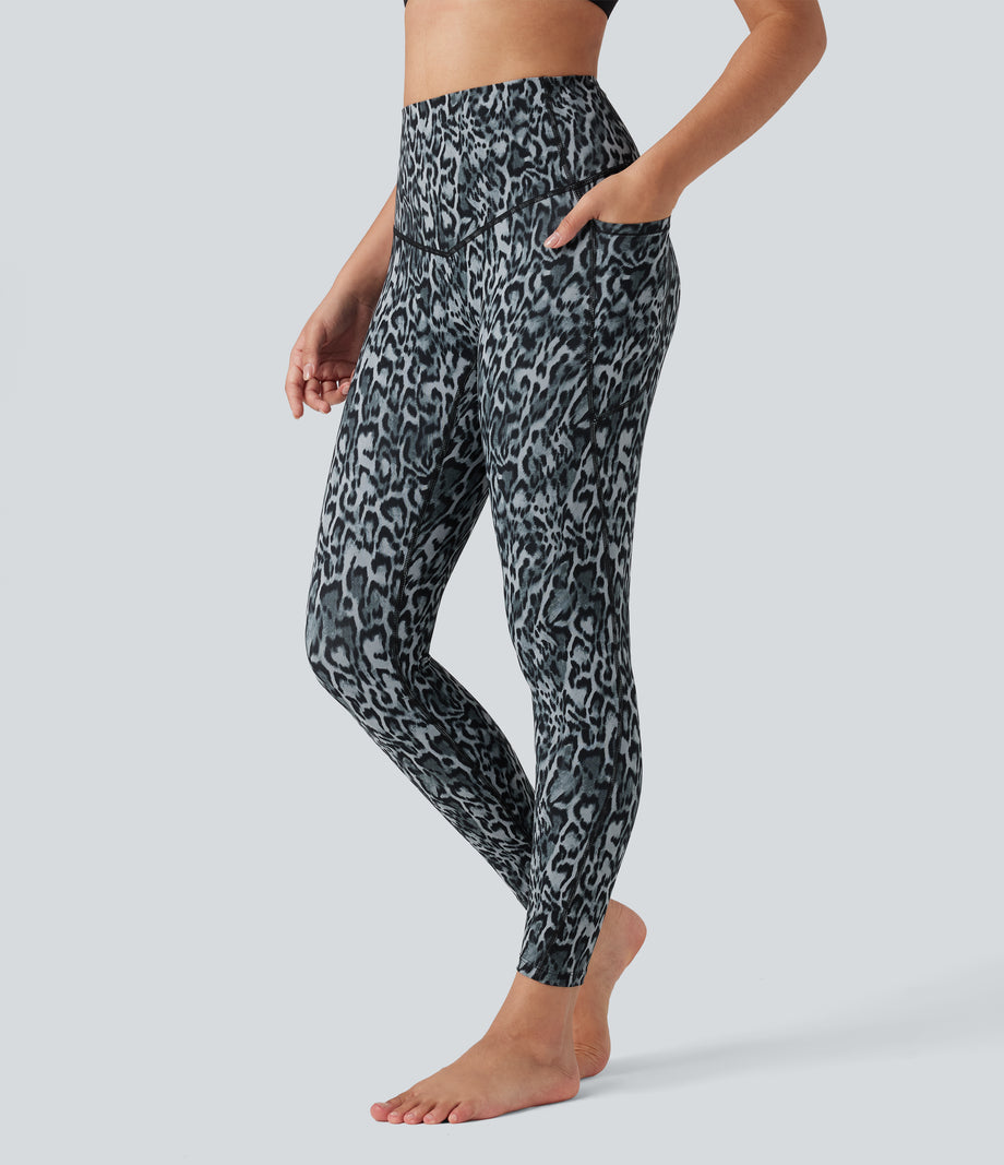 Halara UltraSculpt™ Leopard Print High Waisted Tummy Control Yoga Leggings with Pockets - Black and Silver Leopard Print