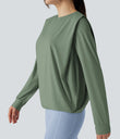 Round Neck Long Sleeve Ruched Yoga Sports Top-UPF50+ - Hedge Green