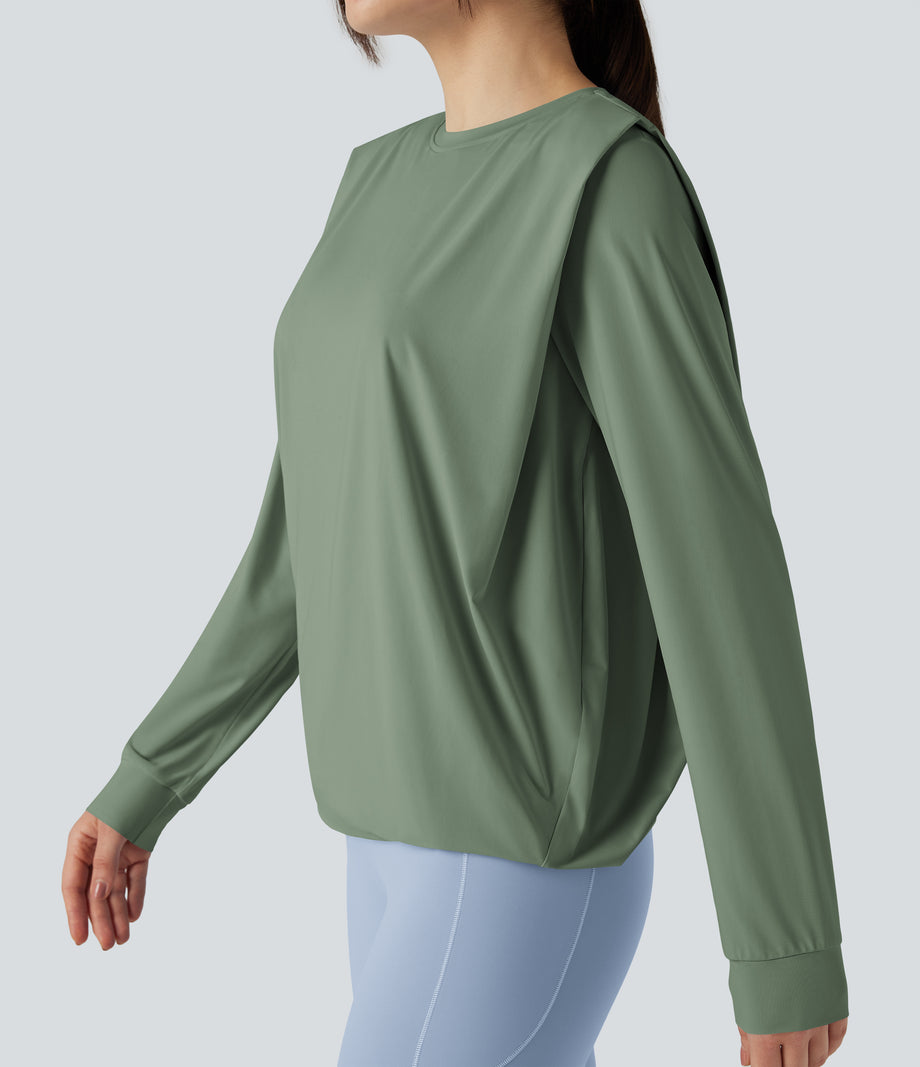 Round Neck Long Sleeve Ruched Yoga Sports Top-UPF50+ - Hedge Green