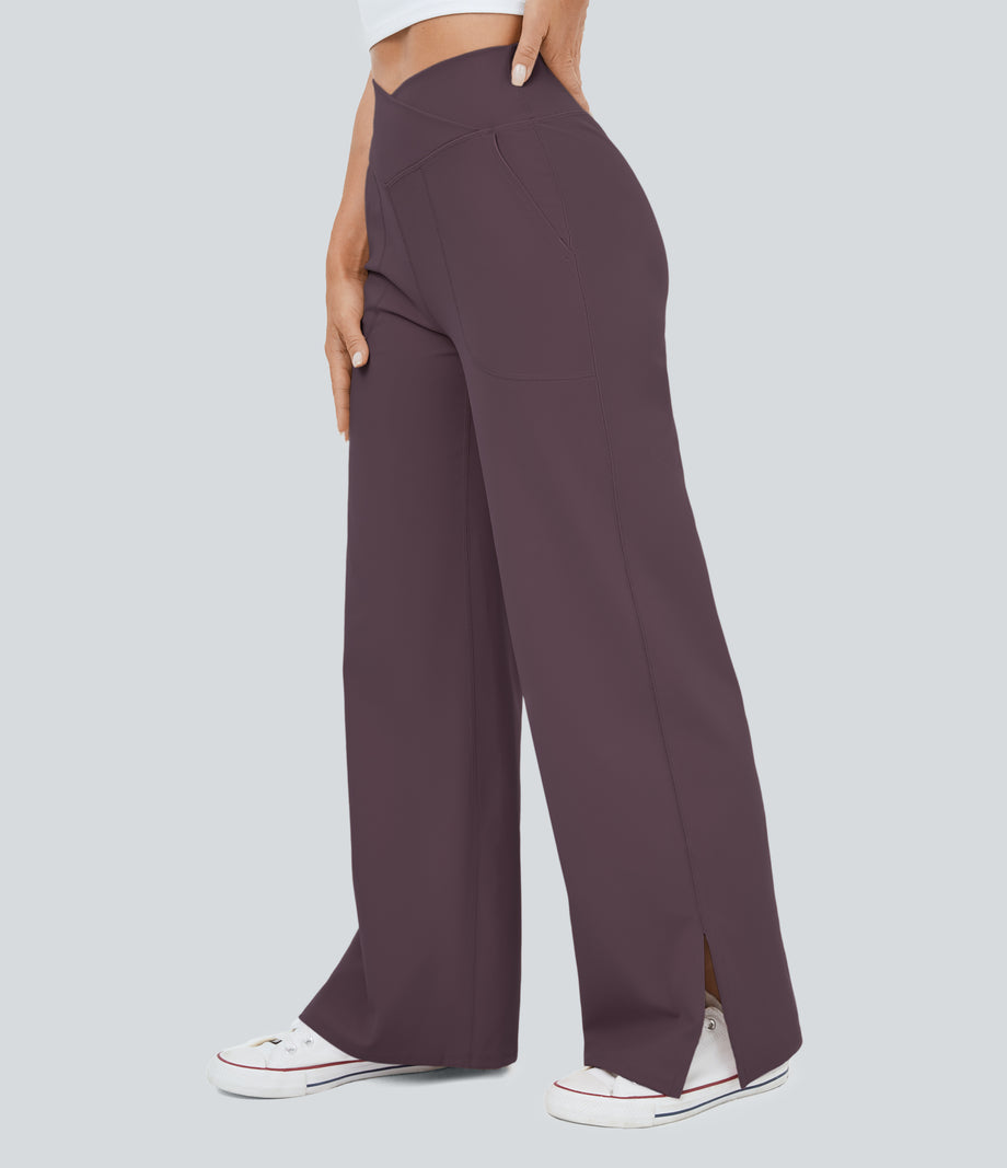 DayStretch Crossover Pocket Hem Wide Leg Yoga Pants-Smile - Dusky Evening purple