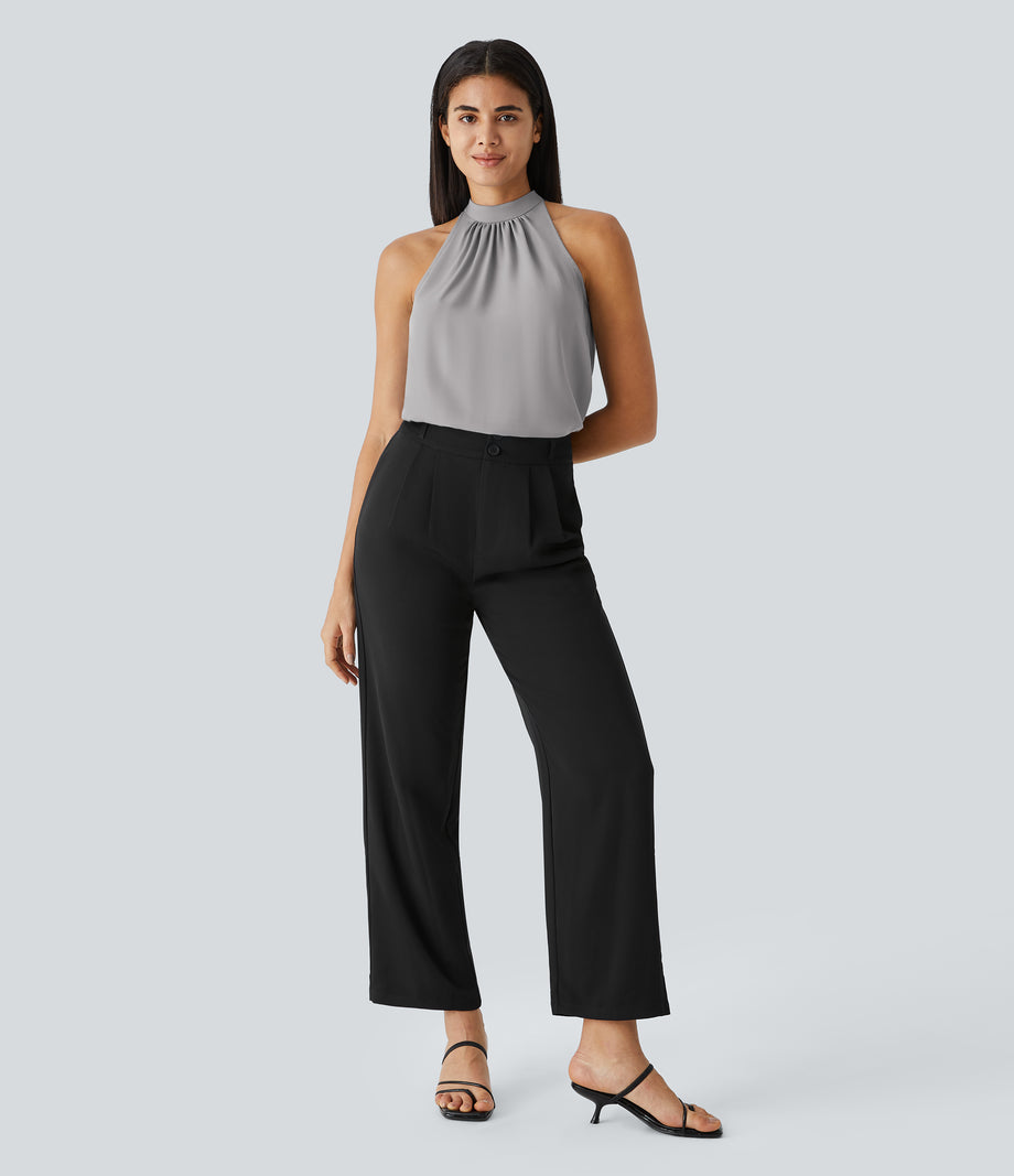 Keyhole Back Halter Sleeveless Curved Hem Work Blouse - Sandalwood Grey